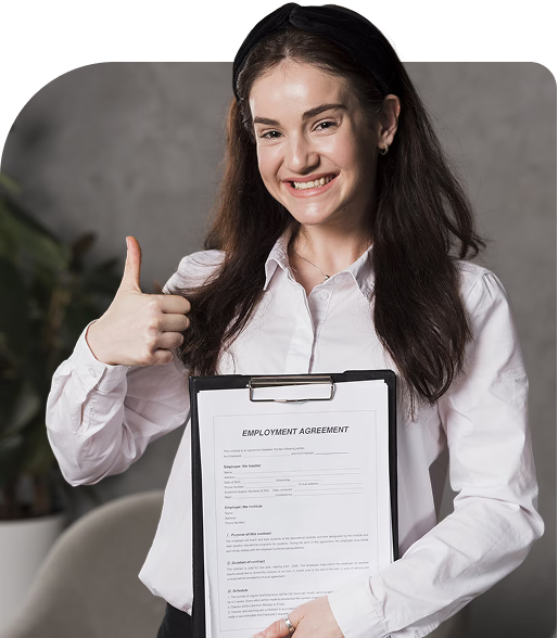 Professional woman with clipboard giving thumbs up